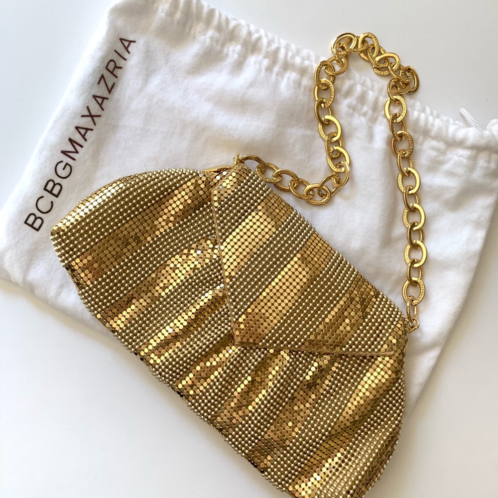BCBGMaxazria gold mesh shoulder evening hand bag